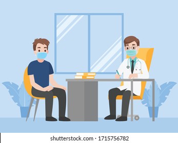 Man see doctor for check himself, Doctor consulting male patient, People wear face mask surgical protective Medical mask for prevent coronavirus. Health care concept.