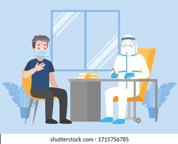 Man See Doctor For Check Himself, Doctor In Personal Protective Suit Consulting Male Patient, People Wear Face Mask Surgical Protective Medical Mask For Prevent Coronavirus. Health Care Concept.