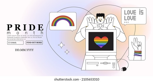 Man see lgbtq pride month announcement on computer screen and is exited. Lgbt rights or social issues event celebration creative banner, poster, social media advertisement or web landing page.  