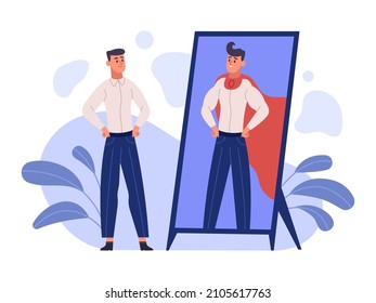 Man see super hero reflection in mirror, ambition and self confident concept. Dreamy person, self motivation, self esteem human vector illustration. Ambitious male character in costume with cape