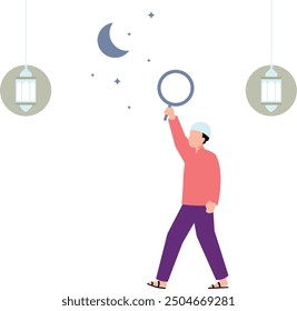 El hombre está viendo la luna de Eid.