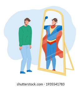 Man Seeing Himself In Mirror As Super Hero Vector. Shy Man Looking At Mirror Reflection And See Superhero. Character Young Businessman Professional Achievement Flat Cartoon Illustration