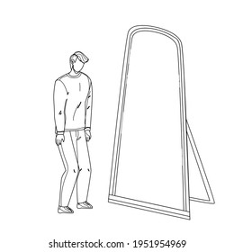Man Seeing Himself In Mirror As Super Hero Black Line Pencil Drawing Vector. Shy Man Looking At Mirror Reflection And See Superhero. Character Young Businessman Professional Achievement Illustration
