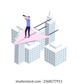 a man seeks up on a paper plane, achieving a goal, the path to success is motivation, career advancement, search for ideas, teamwork