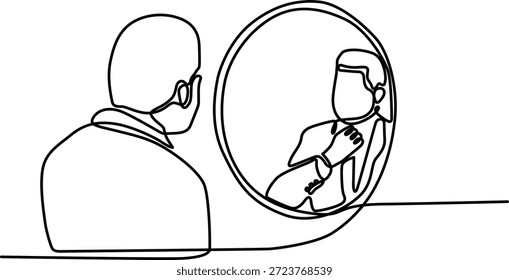 Un hombre es visto desde atrás, ajustando su corbata mientras mira su reflejo en un espejo redondo. Lleva un traje y parece estar preparándose para un evento o trabajo.