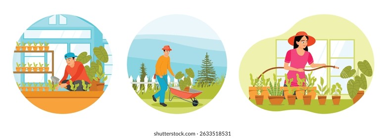 A man is seen gardening with great care in growing plants or vegetables. Gardener transporting potted plants with a wheelbarrow. A woman waters her potted plants. Home gardening concept.