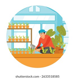 A man is seen gardening with great care in growing plants or vegetables in flower pots in a brightly lit indoor garden. Home gardening concept.