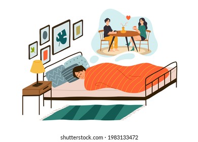 Man sees dream. Happy male character lying in comfortable bed, boy in love, dreams in cloud romantic date with girlfriend, modern bedroom interior. Vector cartoon isolated concept