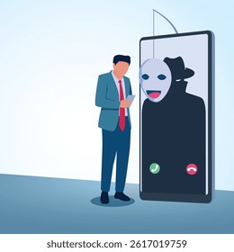 A man sees a phone call and a mask is seen in front of the cellphone. A metaphorical illustration for fake phone calls, fraud and blackmail.