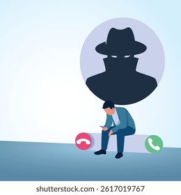 A man sees a phone call and sees a silhouette of a scammer in his contacts. A metaphorical illustration for fake phone calls, fraud and blackmail.