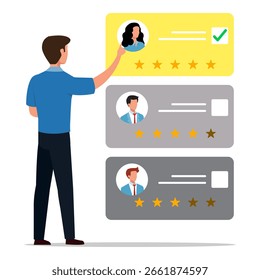 Homem selecionando um candidato com uma marca de seleção, representando a seleção do cargo ou a aprovação. Serviço de recrutamento, contratação de funcionários, pesquisa de candidatos a emprego.