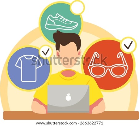 Man selecting items on laptop illustration. Selecting product online illustration