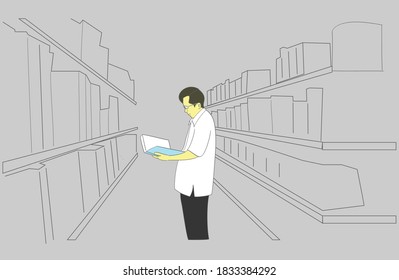 A man selects a book on a library shelf. Hand drawn style vector design illustrations