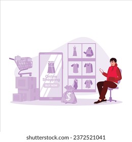 A man selects and buys clothes online via his cell phone and puts the items in the cart. Online Shopping concept. Trend Modern vector flat illustration