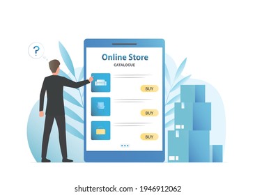 Man selects products in an online store on tablet. Smartphone has an application for online shopping. Person thinks and does not know what to buy at home. Catalog has large selection of products.