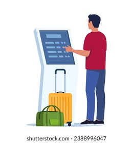 Man self check in at automatic machine in airport terminal. Buying ticket using interactive terminal. Vector illustration