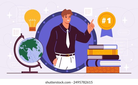 Man with self motivation. Young guy next to stack of books and light bulbs. Aspiring specialist with idea for business or start up. Flat vector illustration isolated on violet background