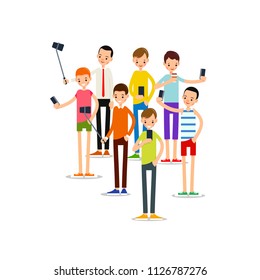 Man selfie. Friends do joint self-portrait photograph. Happy smiling young man taking selfie photo. Illustration in flat style. Isolated.
