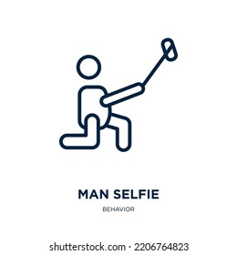 icono de selfie de man de la colección de comportamientos. Selfie de hombre lineal delgado, smartphone, mantener el icono de contorno aislado en fondo blanco. Señal de selfie del hombre vector de línea, símbolo para web y móvil