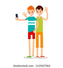 Man selfie isolated. Friends do joint self-portrait photograph. Happy smiling young man taking selfie photo. Illustration in flat style. Isolated.
