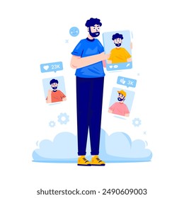 A man selfie photo post on social media, Engagement reaction on social networking, Vector illustration