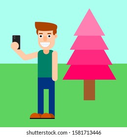 a man selfie with pink pine tree vector