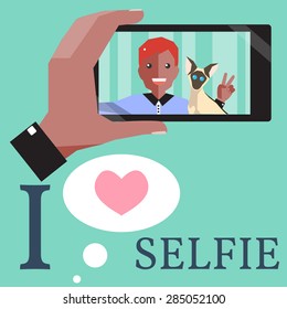 Man Selfie with Siamese Cat. Vector Flat Illustration.