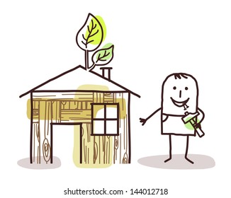 man and self-made wood house