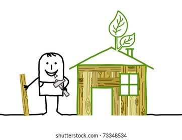 man & self-made wood house
