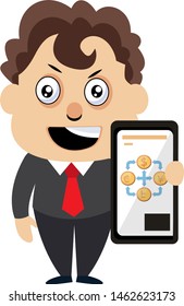 Hombre con autoteléfono, ilustración, vector sobre fondo blanco.