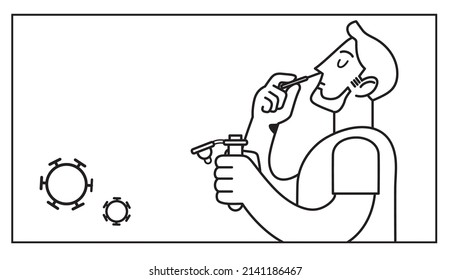 Man self-testing with an antigen home kit for coronavirus covid-19 detection. Taking a sample with a nasal cotton swab. Testing his positivity. Stylized black and white line vector illustration.