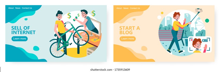 Man sell his used bike on online classified website. Travel video blog concept illustration. Vector web site design template. Landing page website illustration