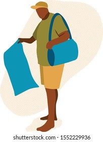 Man Sell Objects to Tourists. Summertime Season Work Cartoon Flat Vector Illustration Vintage