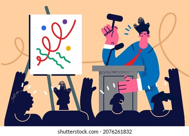 Man seller or auctioneer hold gavel sell painting at auction. Crowd of people buyers raise hands biding for artist picture in art gallery. Public sale concept. Vector illustration, cartoon character. 