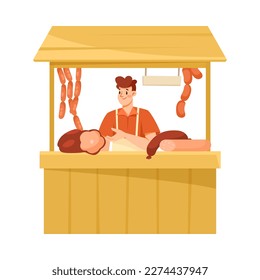 Man Seller at Farmer Market Selling Fresh Local Meat at Stall Vector Illustration