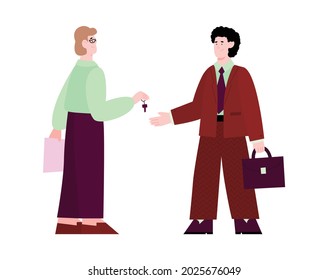 Man seller or manager hands over the keys to client or buyer, cartoon vector illustration isolated on white background. Concept of sale conclusion and purchasing deal.