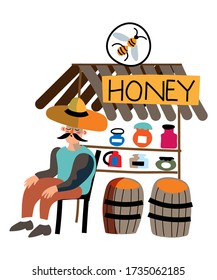 Man seller sells fresh organic sweet honey and jam in street shop. Seasonal outdoor farmer local market. Vector concept of retail business, bazaar, private enterprise, healthy food