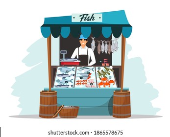 Man seller sells fresh organic fish in street shop. Seasonal outdoor farmer local market. Vector concept of retail business, small business, private enterprise, healthy food