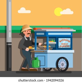 man selling Baso Tahu and Batagor traditional street food from indonesia scene cartoon illustration vector