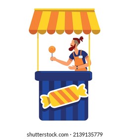 Hombre vendiendo caramelos de tipo vector de color semiplano. Figura permanente. Persona de cuerpo entero sobre blanco. Tienda de confitería simple ilustración estilo caricatura para diseño gráfico web y animación