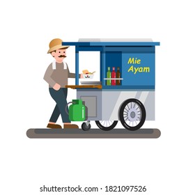 Man selling chicken noodle aka mie ayam is traditional street food from Indonesia concept in cartoon flat illustration vector
