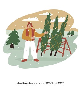 Man selling Christmas trees at the fair. Vector illustration in flat style. Celebration holiday, new year, home decoration. Preparation to holiday, season, winter, snowy day.