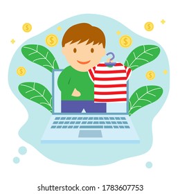 A Man Selling Clothes Online Appearing From Computer Screen Vector