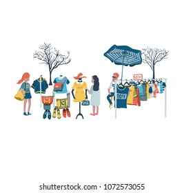 The man selling clothes and secondhand stuffs at flea market, all in colorful doodle cartoon flat design, illustration, vector, on white background