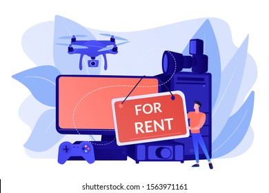 Man selling computer, lending portable gadgets. Renting electronic device, terms of using rental electronics, test equipment lease concept. Pinkish coral bluevector isolated illustration