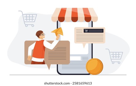 Man selling content. Young guy with paper airplane on smartphone screen. Selling articles on Internet. Copywriter and freelancer makes money online. Flat vector illustration