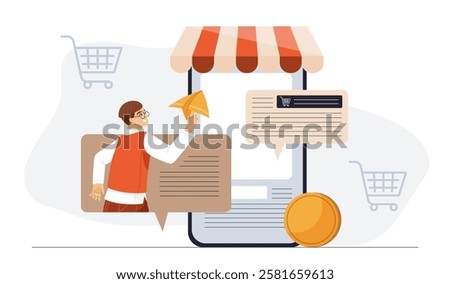 Man selling content. Young guy with paper airplane on smartphone screen. Selling articles on Internet. Copywriter and freelancer makes money online. Flat vector illustration