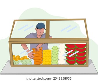 Man Selling Cutting Fruits in a Glass Box Illustration 