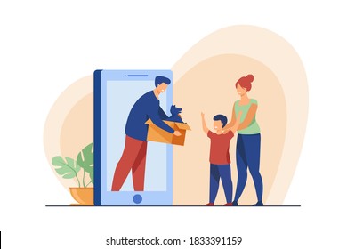 Man selling dog to woman and boy online. Purchase, pet, phone. Flat vector illustration. Online shopping concept can be used for presentations, banner, website design, landing web page
