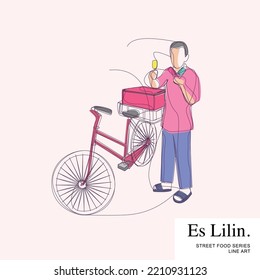 A man selling Es Lilin ice cream on his bicycle, Indonesian Street Food Vendors Cartoon Line Art Vector Illustration Template